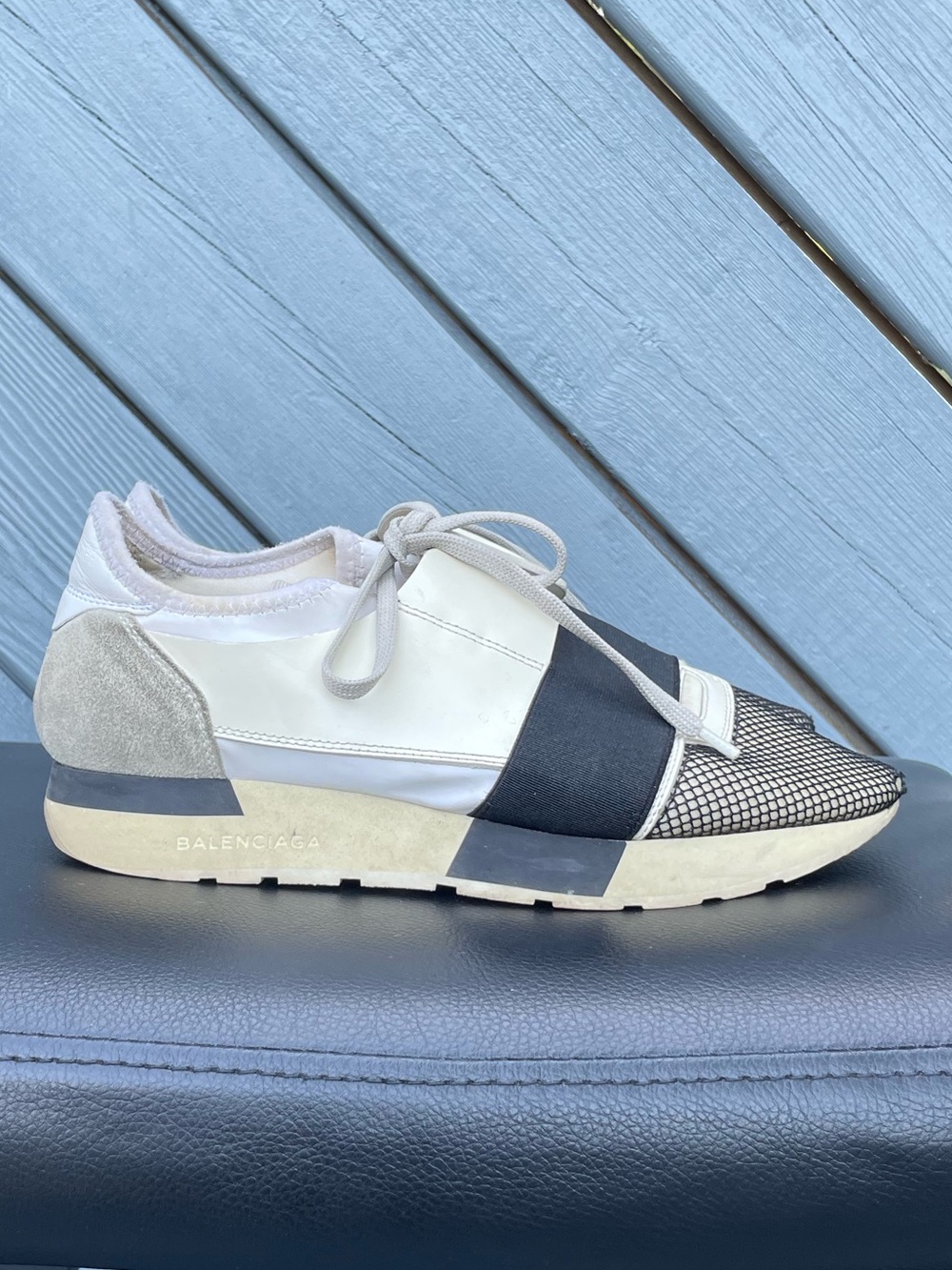 Balenciaga “Race Runner”Black and Cream Knit-Accent Lace-Up Sneakers size 37
